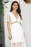Elegant A Line V Neck Batwing Sleeves White Graduation Dress with Lace