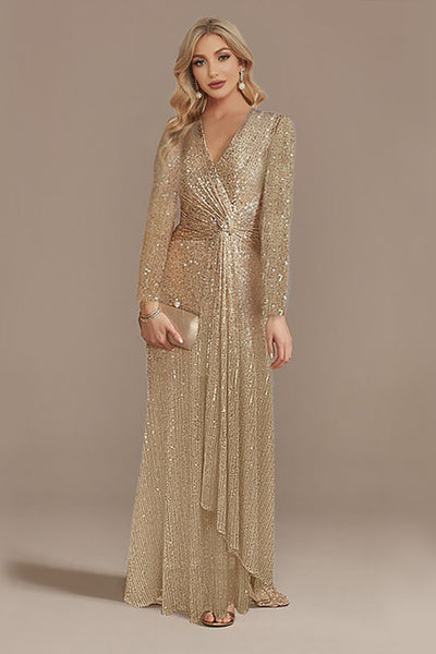gold long dress with sleeves WEDTREND Women Sparkly Navy Mother Of Bride Sequins A-Line V-Neck Formal Dress, Grey / US12 Racquel See off My Actual Bust is:25