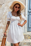 Classy White Square Neck Pleated Mini Graduation Dress With Short Sleeves