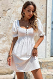 Classy White Square Neck Pleated Mini Graduation Dress With Short Sleeves