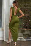 Green Sheath V Neck Lace-Up Wedding Guest Dress with Slit