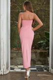 Pink Sheath V Neck Tea Length Ruched Wedding Guest Dress
