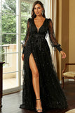 Sparkly Black A-Line V-Neck Prom Dress With Slit