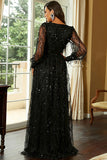 Sparkly Black A-Line V-Neck Prom Dress With Slit