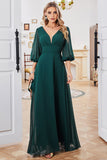 A Line V Neck Floor Length Dark Green Chiffon Evening Dress With Half Sleeves