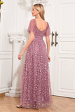 Dusty Rose A Line Sweetheart Sequins Lace Evening Dress With Short Sleeves