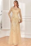 Gold Mermaid Sequins Tulle Evening Dress With Long Sleeves