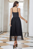 Sparkly Spaghetti Straps Pleated Tulle Little Black Dress with Fringes