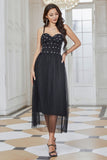 Sparkly Spaghetti Straps Pleated Tulle Little Black Dress with Fringes