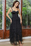 A-Line Spaghetti Straps Corset Ruffled Asymmetrical Little Black Dress