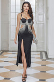 Black Spaghetti Straps Fringed Cut Out Sheath Cocktail Party Dress with Slit
