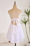 Cute Lace Suspender Patchwork Backless Bow White Short Graduation Dress