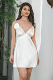 Cute Simulated Silk Satin Deep V Backless White Short Graduation Dress With Flowers