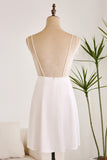 Cute Simulated Silk Satin Deep V Backless White Short Graduation Dress With Flowers