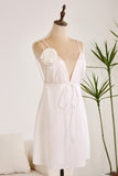 Simulated Silk Satin Deep V Neck Backless Cute White Short Graduation Dress