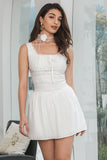 Cute White A Line Square Neck Pleated Graduation Dress With Lace