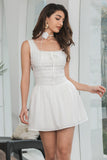 Cute White A Line Square Neck Pleated Graduation Dress With Lace