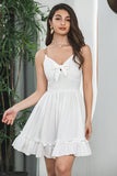 Cute White A Line Spaghetti Straps Pleated Short Graduation Dress With Bow