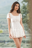 Cute White A Line Square Neck Backless Graduation Dress With Short Sleeves