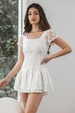 Cute White A Line Square Neck Backless Graduation Dress With Short Sleeves