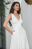 Simple White A Line V Neck Backless Long Graduation Dress With Pocket