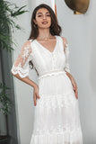 Simple White Lace Holiday Boho Beach Graduation Dress With Short Sleeves
