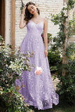 Lilac A Line Spaghetti Straps Lace Wedding Guest Dress