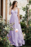 Lilac A Line Spaghetti Straps Lace Wedding Guest Dress