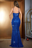 Sparkly Royal Blue Mermaid Spaghetti Straps Long Prom Dress with Slit