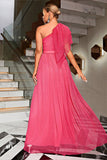 Coral A Line One Shoulder Tulle Long Prom Dress with Belt