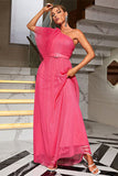 Coral A Line One Shoulder Tulle Long Prom Dress with Belt