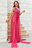 Hot Pink One Shoulder Sparkly Prom Dress With Sequins