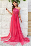 Hot Pink One Shoulder Sparkly Prom Dress With Sequins