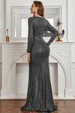 Black Mermaid Long Sleeves Sparkly Prom Dress with Slit