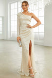 Apricot Mermaid One Shoulder Long Sleeves Sparkly Prom Dress with Slit