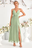 Light Green A-Line Tulle Spaghetti Straps Formal Dress with Slit