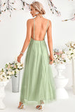 Light Green A-Line Tulle Spaghetti Straps Formal Dress with Slit