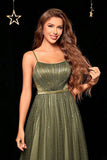 Sparkly Army Green A-Line Spaghetti Straps Formal Dress With Pleated