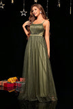 Sparkly Army Green A-Line Spaghetti Straps Formal Dress With Pleated