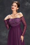 Tulle Off The Shoulder Dark Purple Formal Dress with Sleeves
