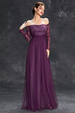Tulle Off The Shoulder Dark Purple Formal Dress with Sleeves