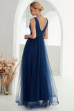 Navy A Line Tulle Long Wedding Guest Dress With Slit