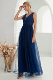 Navy A Line Tulle Long Wedding Guest Dress With Slit