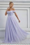 Lilac Tulle A-Line Halter Maxi Dress with Appliques