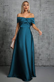 Peacock Blue Satin Off The Shoulder Pleated Formal Dress