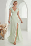 A-Line V Neck Light Green Wedding Guest Dress with Lace