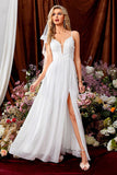 White A Line Spaghetti Straps Appliques Wedding Dresses With Slit