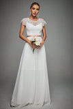 White A Line Round Neck Backless Floor Length Wedding Dress