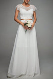 White A Line Round Neck Backless Floor Length Wedding Dress