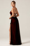 Black Red Sheath Spaghetti Straps Backless Maxi Bridesmaid Dress